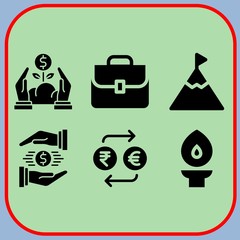 Simple 6 icon set of business related profits, exchange, torch and briefcase vector icons. Collection Illustration