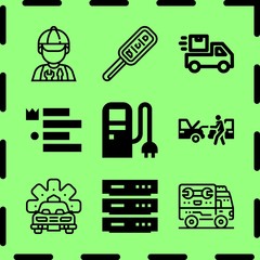 Simple 9 icon set of service related car repair, truck, server and seo vector icons. Collection Illustration