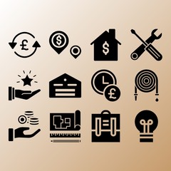 Warehouse, dollar and time is money related premium icon set