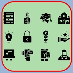 Simple 12 icon set of business related padlock, smartphone, favorite and growth vector icons. Collection Illustration