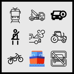Simple 9 icon set of car related train, seatbelt, boat and breakdown vector icons. Collection Illustration