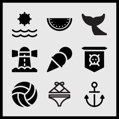 Simple 9 set of Summer related ice cream, sun, lighthouse and volleyball vector icons