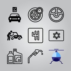 Simple 9 icon set of electronics related steering wheel, gearbox, car repair check and oil vector icons. Collection Illustration