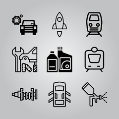 Simple 9 icon set of electronics related oil, car parts, rocket and train vector icons. Collection Illustration