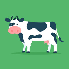 Cute cow isolated on green background. Vector illustration in cartoon flat design style.