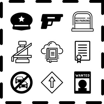 Simple 9 icon set of law related wanted, gun, seat belt and law vector icons. Collection Illustration