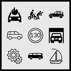 Simple 9 icon set of car related microbus, garage, car and gears vector icons. Collection Illustration