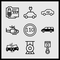 Simple 9 icon set of car related van, piston, electric car and helicopter vector icons. Collection Illustration