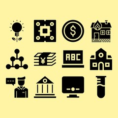 Burning house, cpu and dollar related premium icon set