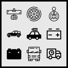 Simple 9 icon set of car related truck, rearview mirror, battery and sale car vector icons. Collection Illustration