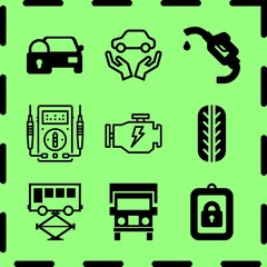 Simple 9 icon set of service related engine, wheel frontal view, voltmeter and repairing bus vector icons. Collection Illustration
