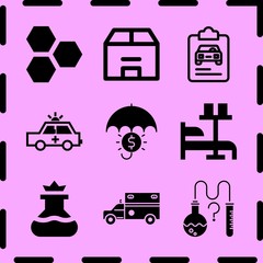 Simple 9 icon set of medicine related science, ambulance, insurance and insurance vector icons. Collection Illustration