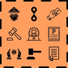 Simple 9 icon set of legal related judge, loan, handcuff and loan vector icons. Collection Illustration