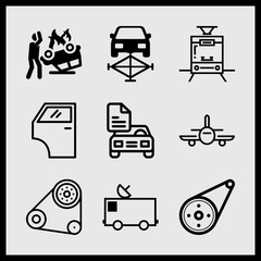 Simple 9 icon set of car related car door, airplane, bicycle sprockets and engine vector icons. Collection Illustration