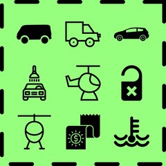 Simple 9 icon set of service related doorknob, car wash, car of hatchback model and engine coolant vector icons. Collection Illustration