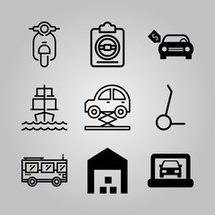 Simple 9 icon set of transport related motorbike, brand new car with dollar price tag, car on laptop and sailing ship vector icons. Collection Illustration