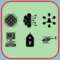 Naklejka premium Simple 6 icon set of business related price tag, cpu, artificial intelligence and computer vector icons. Collection Illustration