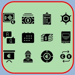 Simple 12 icon set of business related money, questions, fireman and book vector icons. Collection Illustration