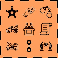 Simple 9 icon set of legal related handcuffs, handcuff, tow truck and jury vector icons. Collection Illustration