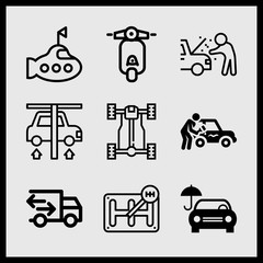 Simple 9 icon set of car related submarine, car, gear shift and car repair vector icons. Collection Illustration