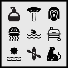 Simple 9 set of Summer related baobab, penguin, leopard and sun vector icons