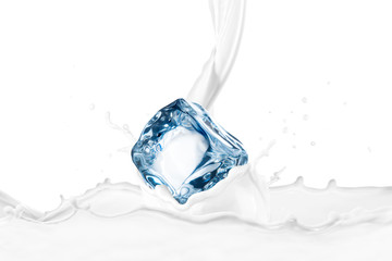 Fototapeta na wymiar Ice cube falls on milk splash