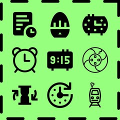 Simple 9 icon set of time related alarm, timer, hourglass and public transport vector icons. Collection Illustration