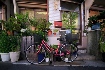 Fototapeta na wymiar Bright pink vintage bicycle in front of small Japanese home