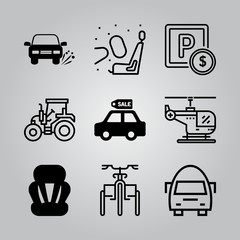 Simple 9 icon set of transport related car tire blowout, parking, bus and tractor vector icons. Collection Illustration