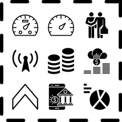 Simple 9 icon set of finance related profits, money, up arrow and dashboard vector icons. Collection Illustration