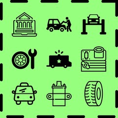 Simple 9 icon set of service related car parts, police van, car repair and wheel and wrench vector icons. Collection Illustration