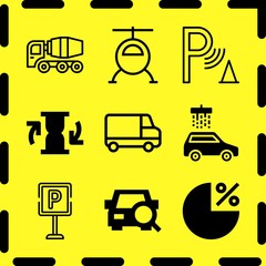Simple 9 icon set of business related parking, van, cement truck and car wash vector icons. Collection Illustration
