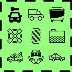 Simple 9 icon set of service related modern bus, gasoline, repair and car repair vector icons. Collection Illustration