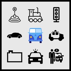 Fototapeta premium Simple 9 icon set of car related traffic signal, water tank for vehicles, gearshift and car vector icons. Collection Illustration