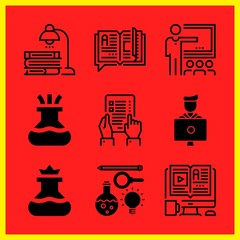 Simple 9 icon set of edication related elearning, classroom, flask and open book vector icons. Collection Illustration