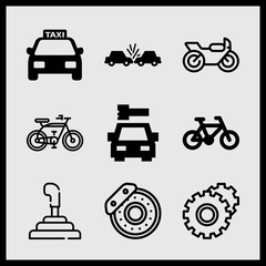 Simple 9 icon set of car related car repair, gearshift, car crash and gears vector icons. Collection Illustration
