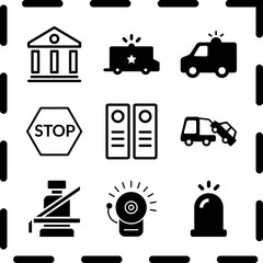 Simple 9 icon set of law related alarm bell, courthouse, seat belt and police van vector icons. Collection Illustration