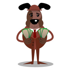 Cartoon illustrated business dog holding or showing money bills.