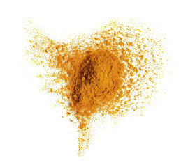 Turmeric (Curcuma) powder pile isolated on white background, top view.