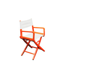Closeup Shot of A Beautiful Film or Movie Director's Chair in Orange Color.  Isolated on White Background with Clipping Path or Selection Path and Copy Space for Text.
