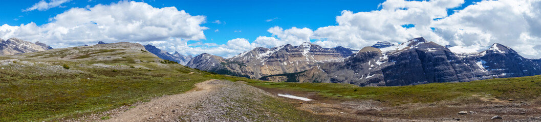 Fototapeta na wymiar Panorama of Canadian Rockies on the crest of Parker Ridge trail in Jasper National Park
