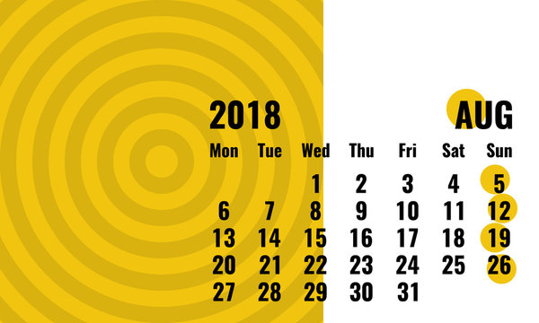 august 2018 simple horizontal calendar with geometrical pattern