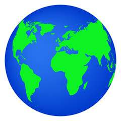 Earth globe flat planet icon isolated on white background. Green map of the continents of the world on a blue circle.