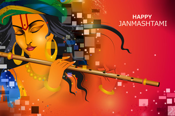 Lord Krishna playing flute on Happy Janmashtami holiday Indian festival greeting background © snapgalleria