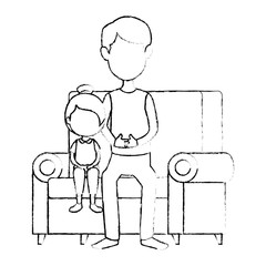 father with little girl in the sofa characters
