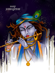Lord Krishna playing flute on Happy Janmashtami holiday Indian festival greeting background © snapgalleria