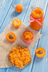 Sandwich with apricot marmalade or jam and ripe fruits, sweet dessert concept