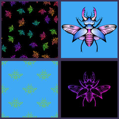 Set of four stag beetle drawings and seamless pattern backgrounds