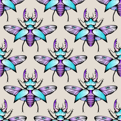 Colorful seamless stag beetles pattern background
