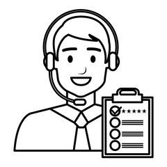 call center agent with headset and checklist